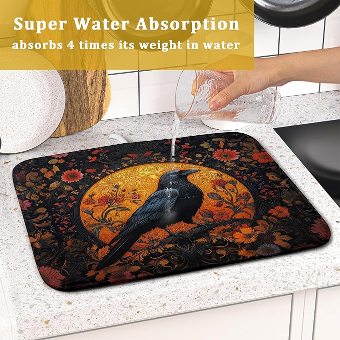 Giwawa Vintage Crow Dish Drying Mat 16"x18" Gothic Black Raven Boho Flowers - Image 7