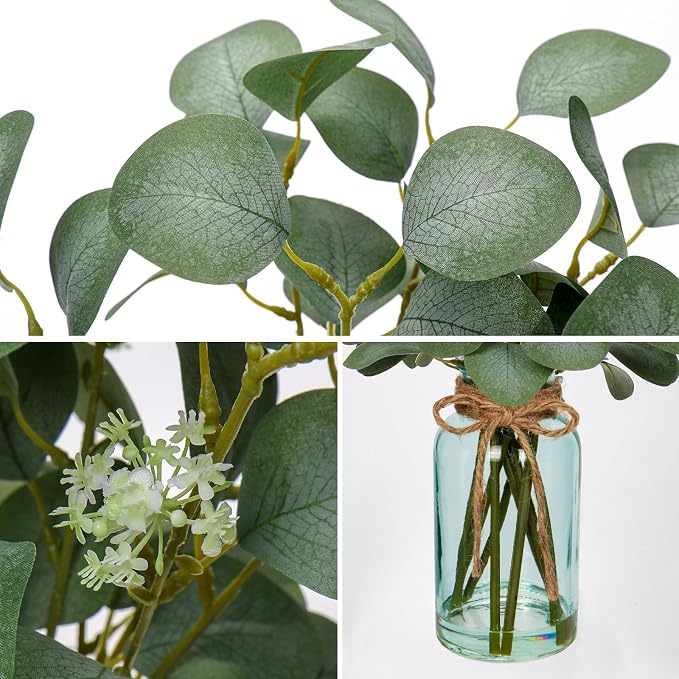Briful Artificial Eucalyptus Stems in Blue Glass Vase - Image 6