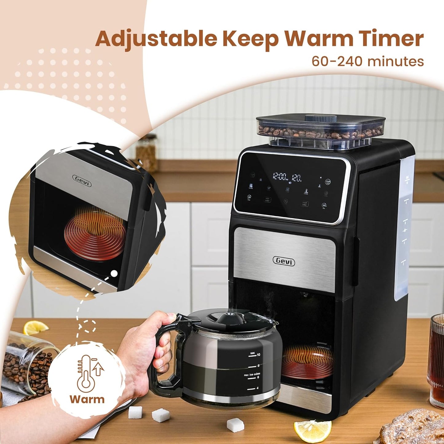 Gevi 10 Cup Drip Coffee Maker with Built-in Grinder, Grind & Brew Burr Combo Coffee Machine with Touch Screen, Programmable, 4-Hour Warm Plate, Permanent Filter, Coffee Carafe