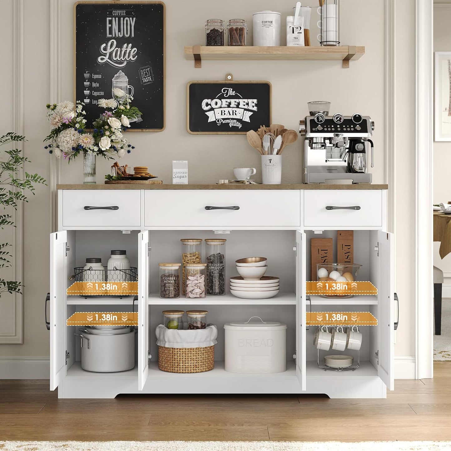 HOSTACK Buffet Cabinet with Drawers, 55" Large Sideboard Buffet Storage Cabinet with Shelves and Doors, Modern Farmhouse Coffee Bar Station Wood Kitchen Table for Kitchen, Dining Room, White/Rustic