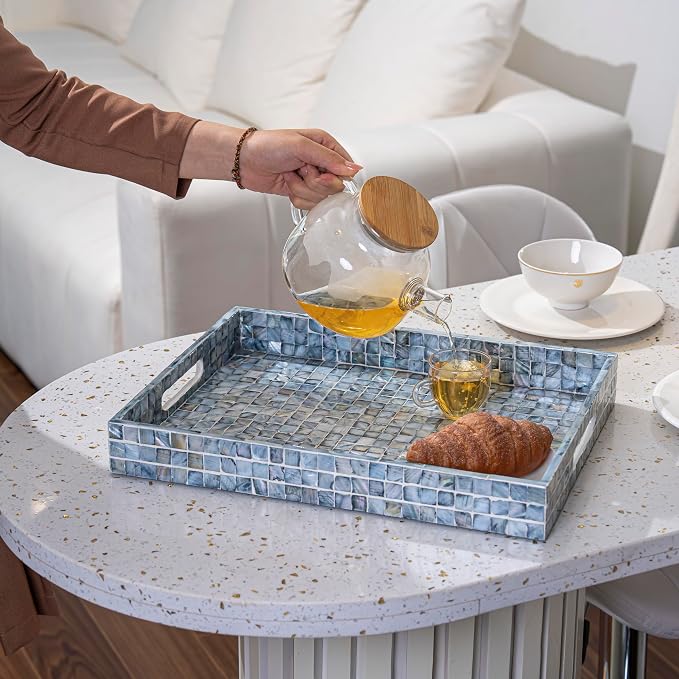PEMAR Rectangular Mother of Pearl Serving Tray Nacre Wood Lap Ottoman Tray - Image 19