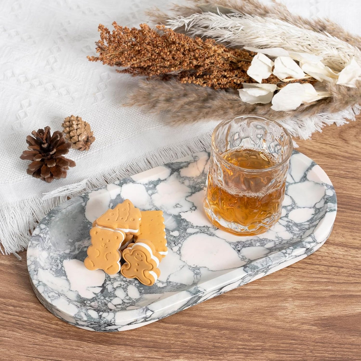 Koville Natural Marble Tray for Bathroom Countertop, Marble Vanity Trays for Perfume, Cosmetics, Jewelry, Decorative Tray for Dresser Organizer, Stone Storage Trays for Bathroom Decor(Grey)