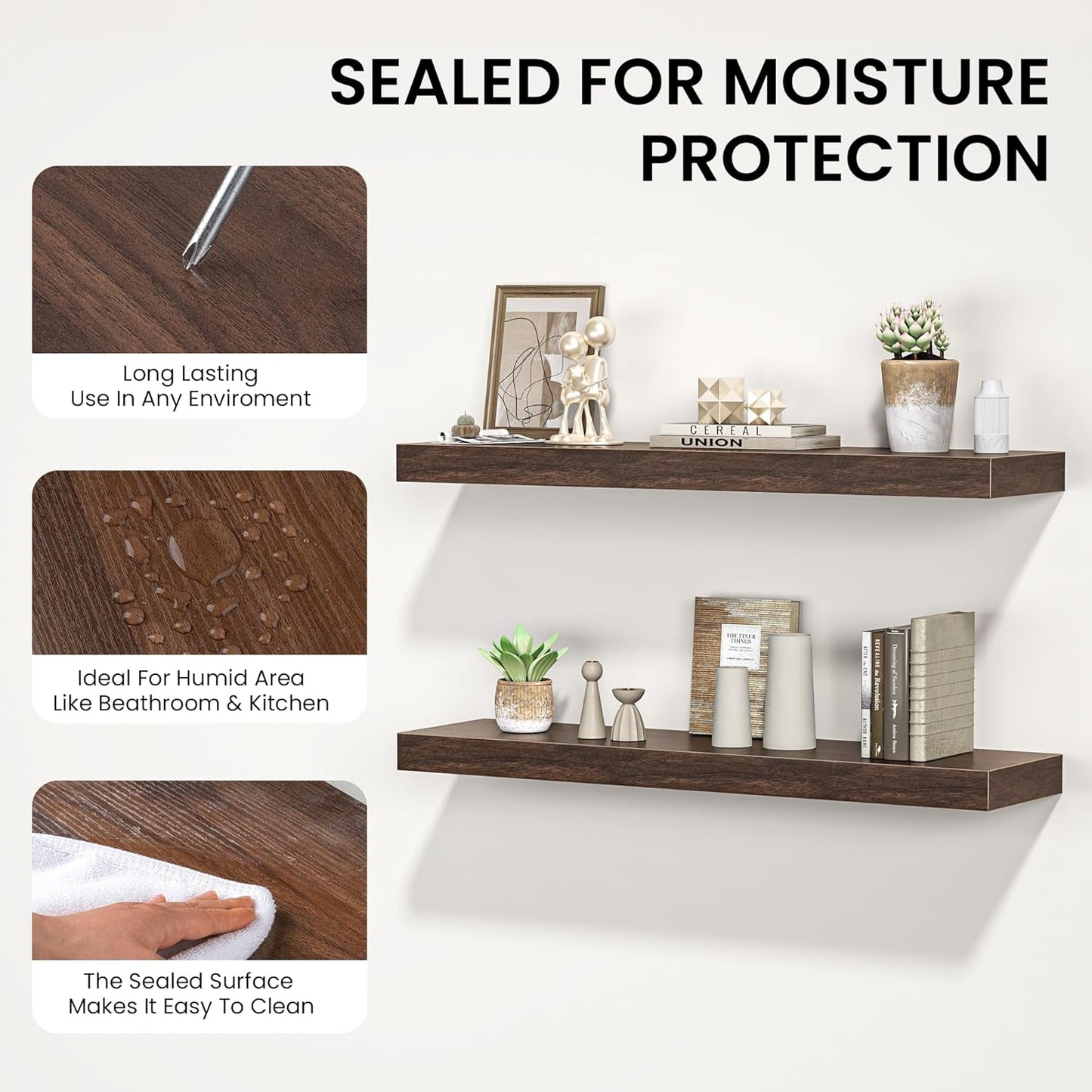 Floating Shelves for Wall, 48" W x 9.3" D x 1.5" H, Wooden Wall Mounted Display Shelves with Invisible Brackets for Living Room, Bedroom, Bathroom, Kitchen Decor and Storage, Set of 1, Walnut