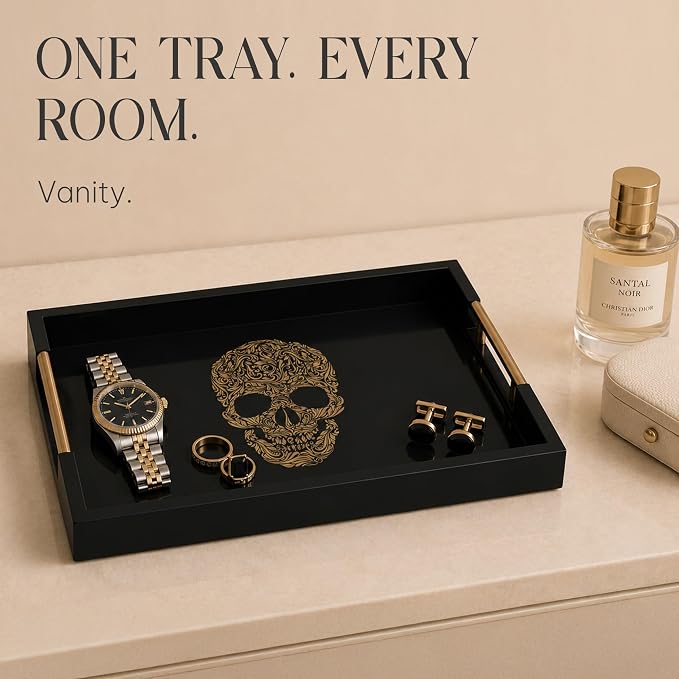 Gothic Skull Serving Tray with Gold Handles – Black Gloss Wooden Ottoman Tray - Image 11