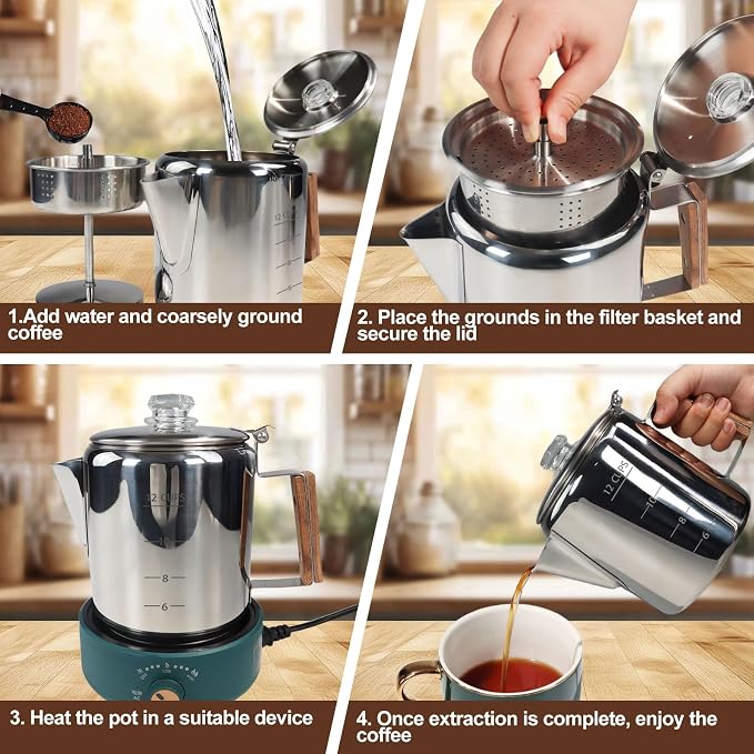12 Cup Percolator 304 Stainless Steel Coffee Pot Coffee Maker Coffee Machine - Image 9