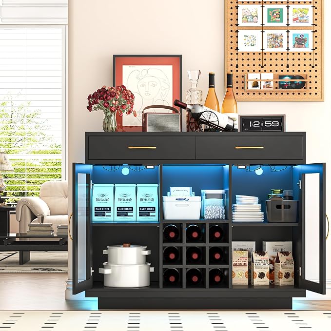 knoworld Wine Bar Cabinet with LED Lights, Coffee Bar Cabinet with Wine and - Image 9