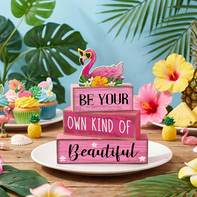Lineshading 4 Pcs Summer Table Decor Wooden Pink Flamingo Tropical Tiered Tray - Image 6