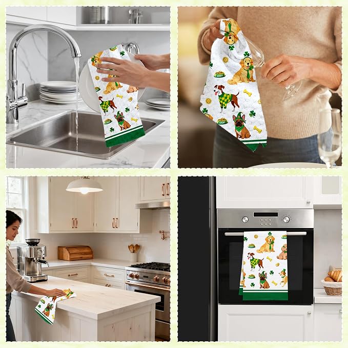St Patrick Dog Kitchen Towels, Dog Shamrock Dish Towels, Lucky Clover Absorbent - Image 6