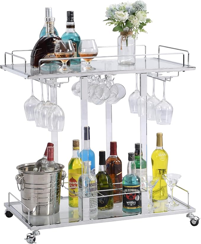 Silver Bar Cart for Home Bar Chrome Serving Cart - Image 8