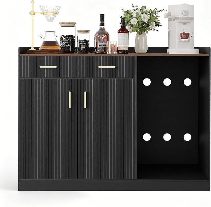 Garvee Coffee Bar Cabinet with Fridge Space, Fluted Wine Cabinet with Charging - Image 8