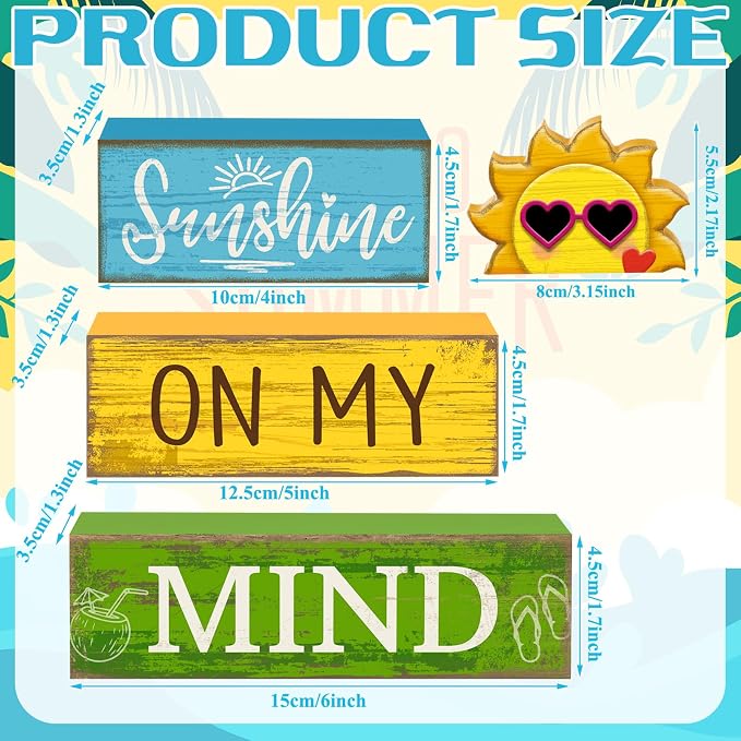 Lineshading 4 Pcs Summer Table Decor Wooden Sunshine Beach Tiered Tray Decor - Image 7