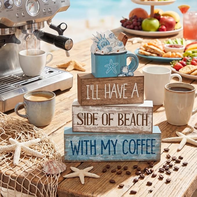 Lineshading 4 Pcs Summer Table Decorations Beach Coffee Bar Wooden Block Sign - Image 9