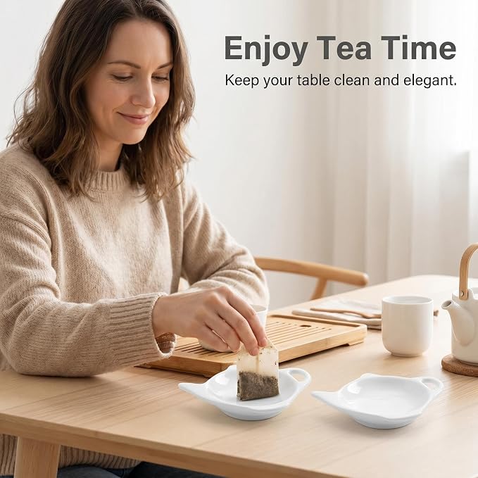 12 Pcs White Ceramic Tea Bag Holder Set, Teapot Shaped Tea Bag Rest Drip Tray - Image 8