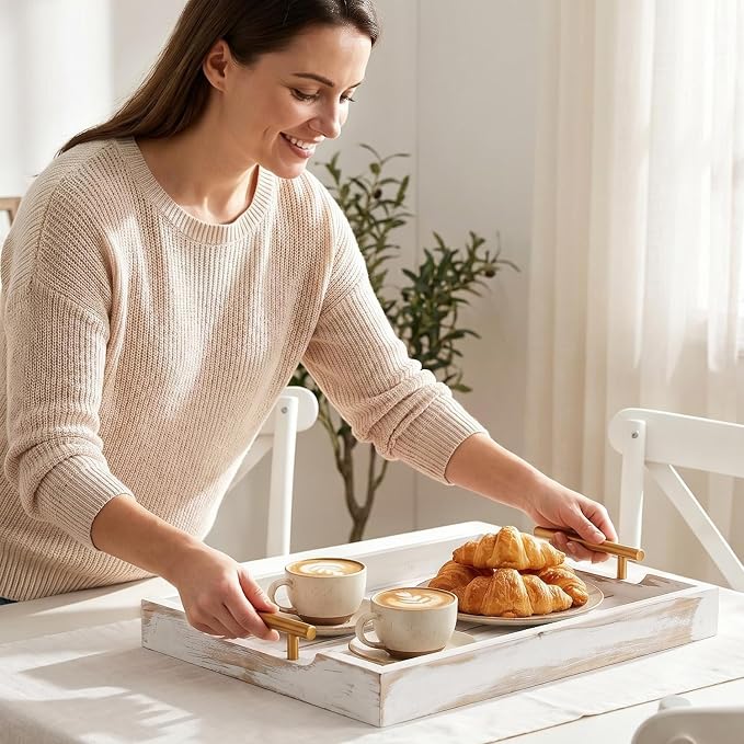 Wood Serving Tray with Metal Handles, 17x13in Large Wooden Tray - Image 9