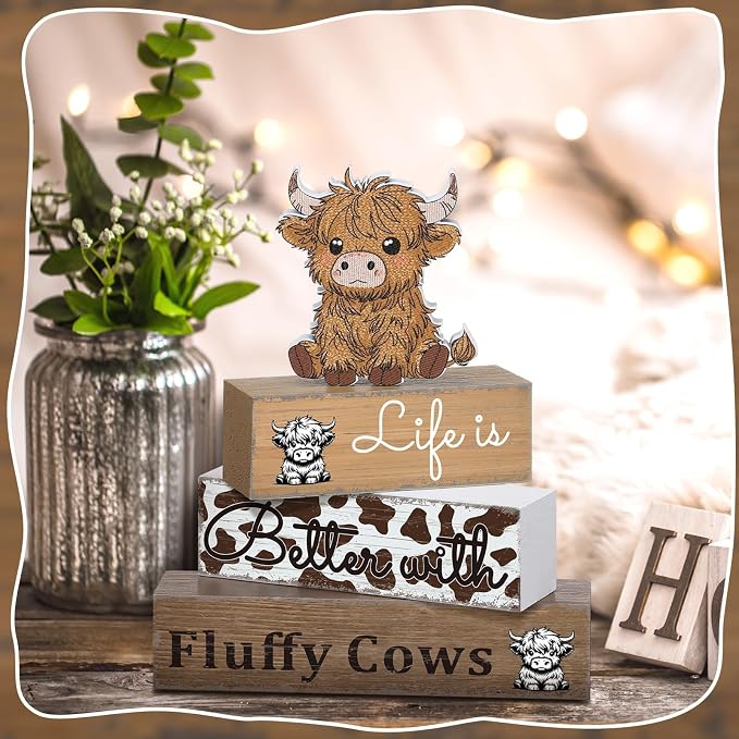 Geelin 4 Pcs Highland Cow Table Decorations Cow Wooden Signs Rustic Tiered Tray - Image 6