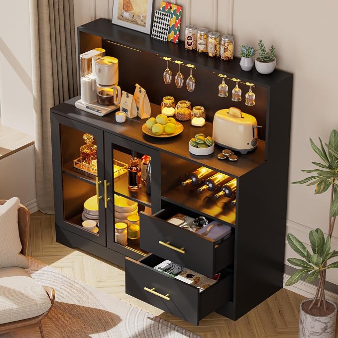 Wine Bar Cabinet with LED Lights, Liquor Bar Cabinets with Power Outlets - Image 9