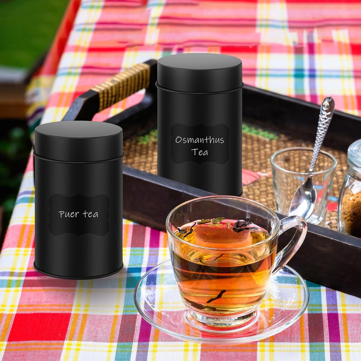 Tanlade 3 Pcs Tea Tin Canister Metal Round Can with Airtight Lid Double Sealed Tea Tin Canisters, with 1 Erasable Chalk Marker and 16 Stickers for Loose Leaf Coffee Sugar, 16 oz