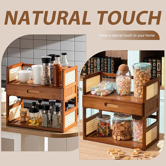 Yalikop Bamboo Matcha Station Organizer 2 Tier Countertops Stand Shelf - Image 7