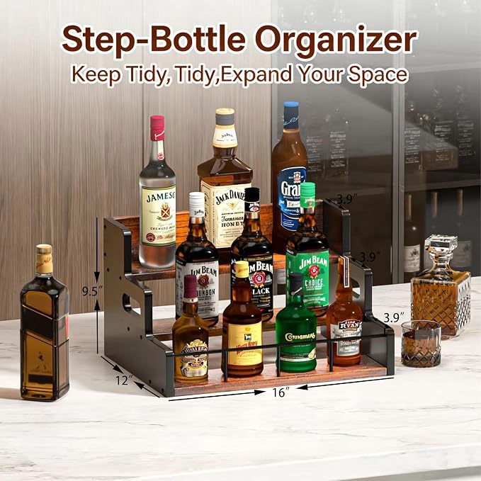 Liquor Bottle Display Shelf, Wood Syrup Organizer Rack, 3 Step Countertop - Image 6