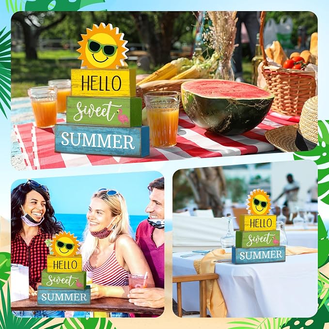 Yuntau 4 Pcs Summer Table Decoration Hello Sweet Summer Tiered Tray Decor - Image 7