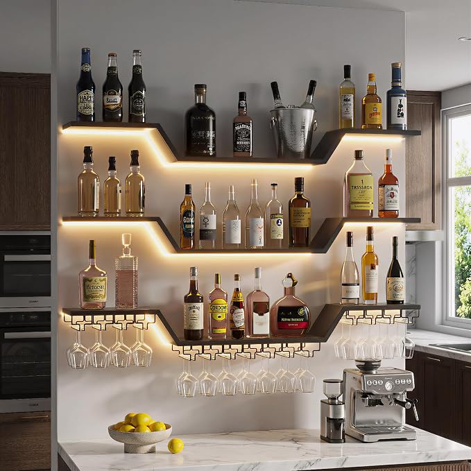 Wall Mounted Wine Rack with LED Lights, 3-Tier Floating Bar Shelves, Hanging - Image 7