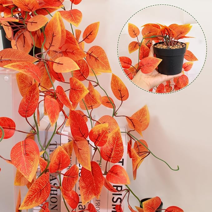 2 Pack Artificial Fall Plants Hanging Orange Vines Potted Fall Foliage Fake - Image 7