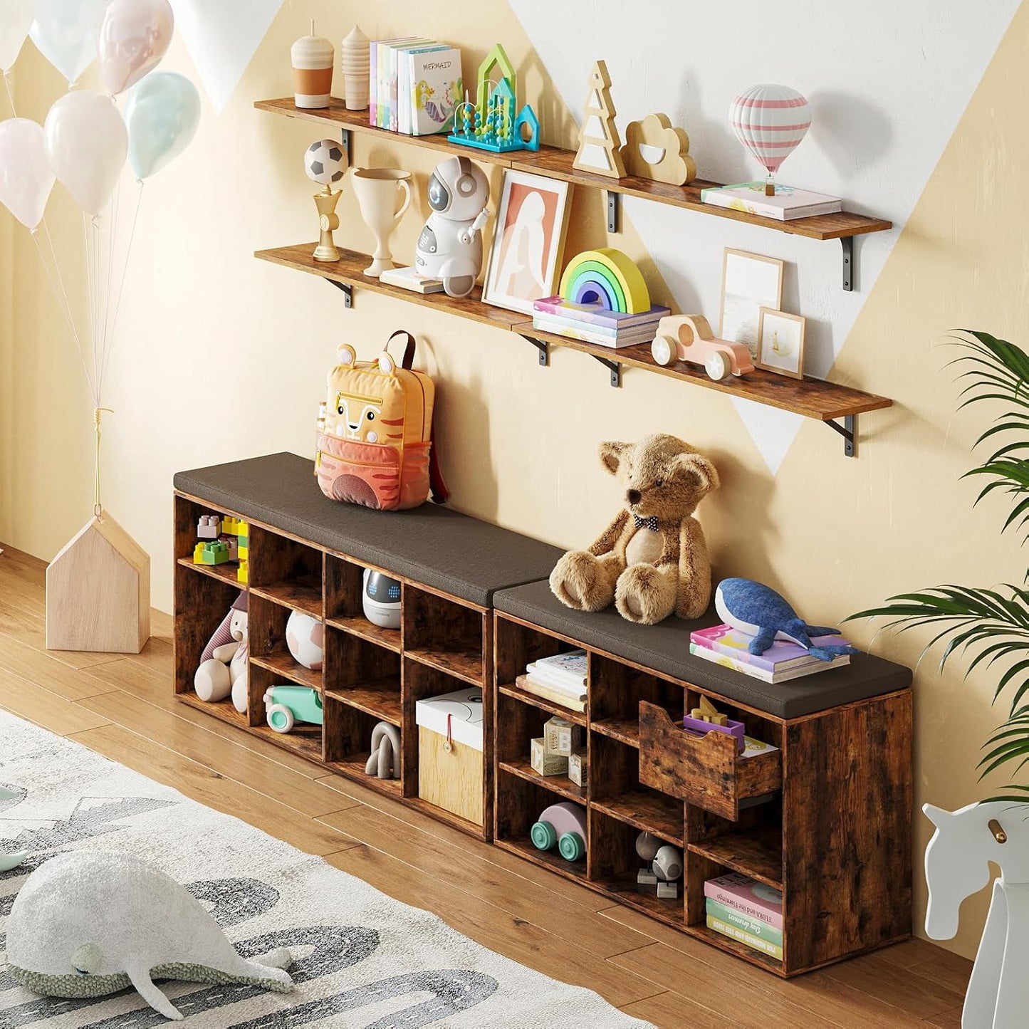 DINZI LVJ Long Wall Shelves, 47.3Inch Floating Shelves Set of 2, Extra Large Wall Storage Ledges with Sturdy Metal Brackets for Living Room, Bathroom, Bedroom, Kitchen, Rustic Brown