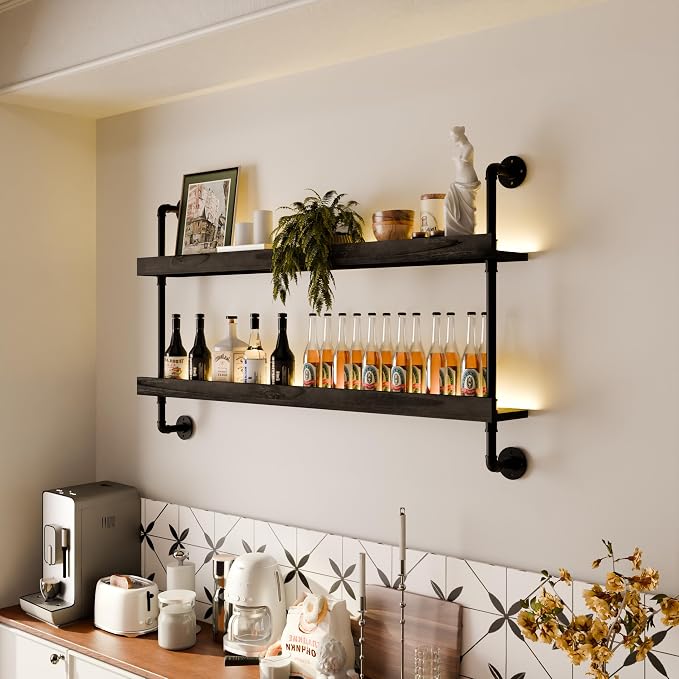 Wall Mounted Wine Rack with LED Light, LED Industrial Pipe Liquor Bar Shelves - Image 9