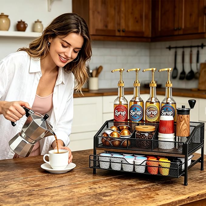 Coffee Bar Organizer, 2-Tier Coffee Station Organizer, Wood Coffee Syrup - Image 9