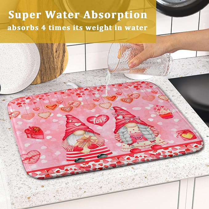 Pink Gnomes Dish Drying Mat 16x18 Inch, Valentine's Day Love Hearts Absorbent - Image 7
