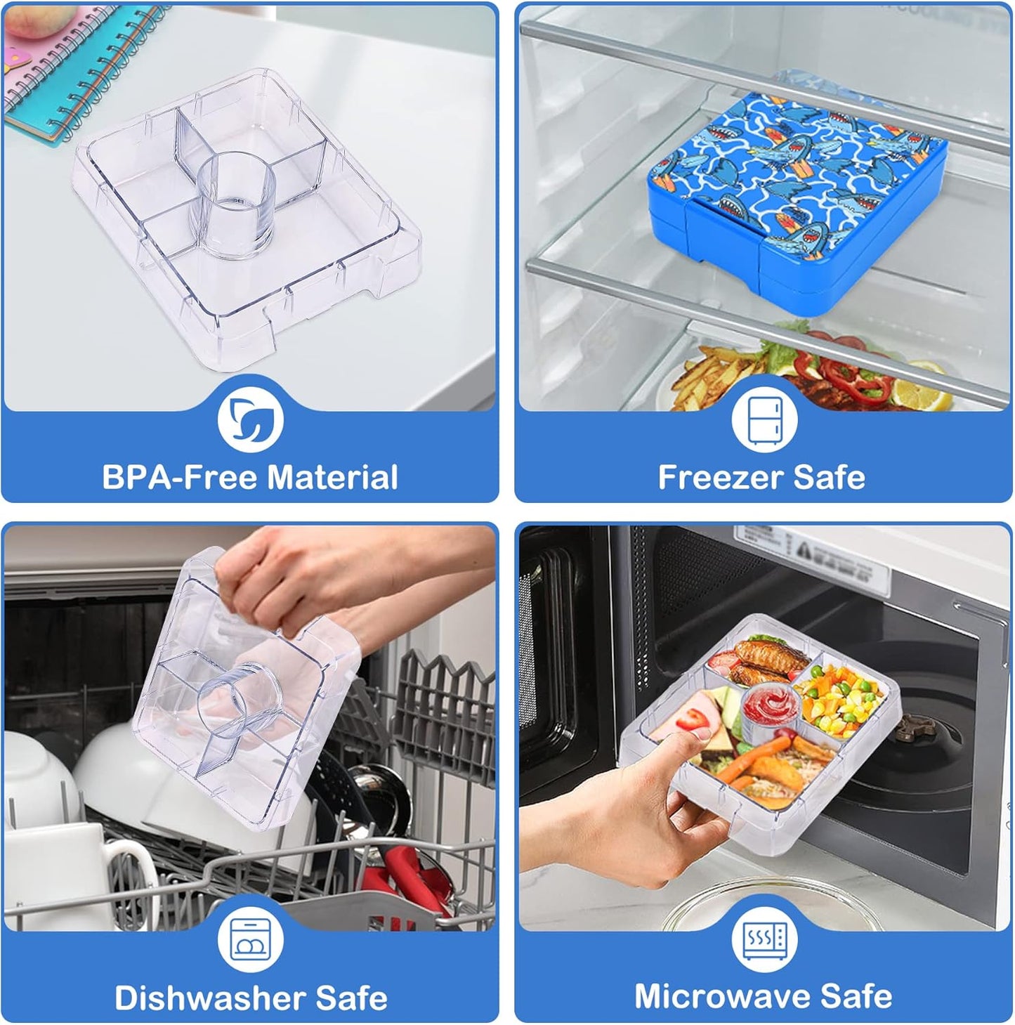 Bento Lunch Box Set With 10oz Soup Thermo, Leak-proof Lunch Containers with 4 Compartment, Kids Hot Thermo Food Jar/Insulation Lunch Bag, Food Containers for School(Shark)