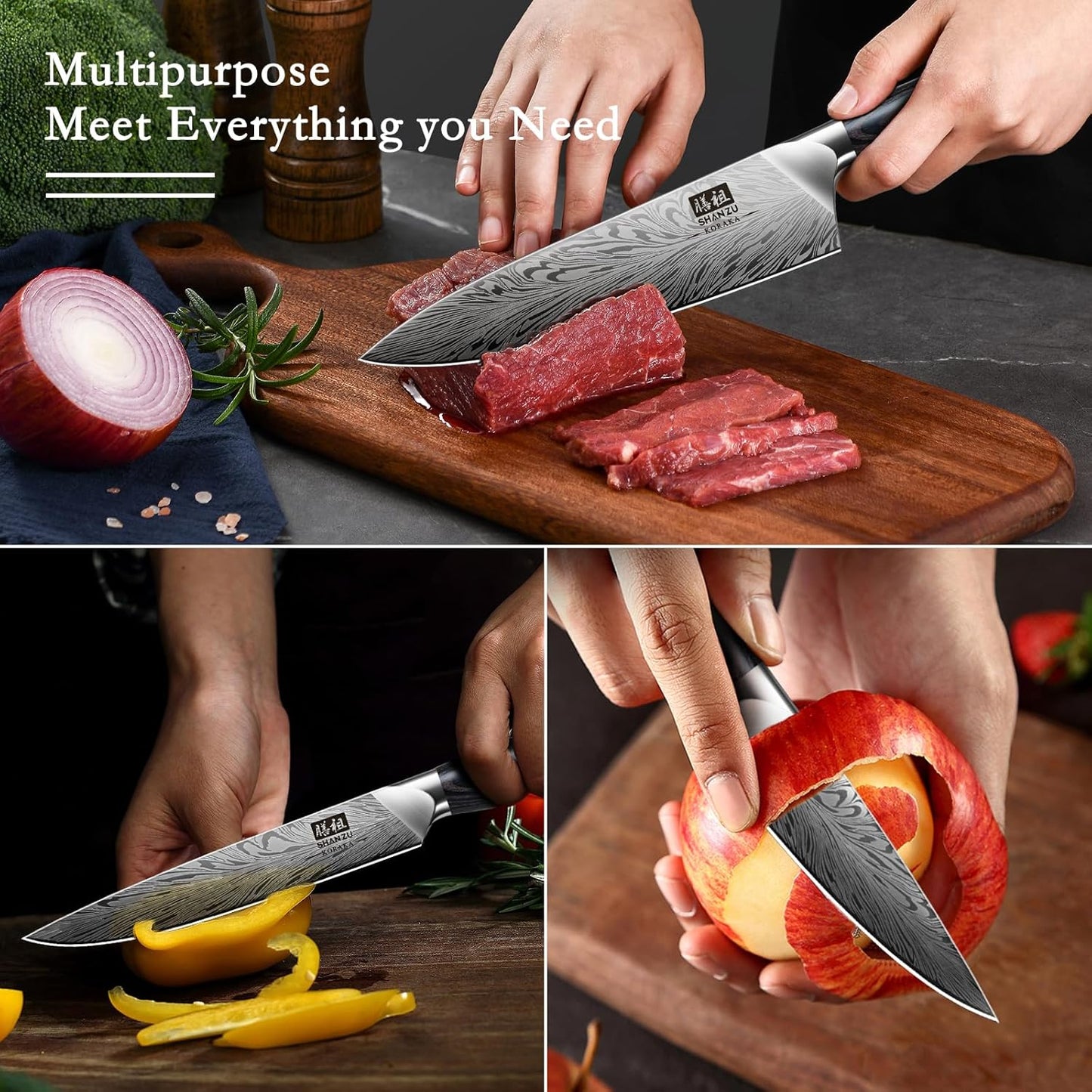 SHAN ZU 3PCS Kitchen Knife Set,Chef Knife Sets in Powder Steel, Ultra Sharp Japanese Knives Set High Carbon Steel Knives Sets, Cooking Knives Set with Ergonomic Pakkawood Handle