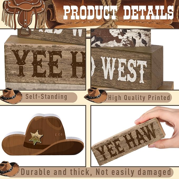 Yuntau 4 Pcs Western Tiered Tray Decorations Set Cowboy Hat Stack Block Signs - Image 6