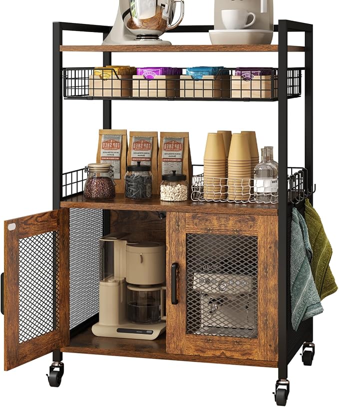 Hencawima Coffee Bar Cabinet, 3 Tier Coffee Station Table on Wheels, 35.9" H - Image 9