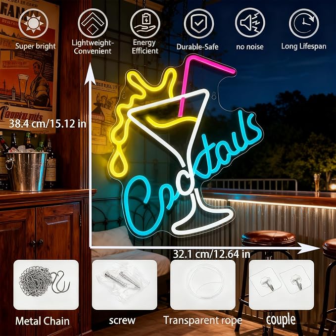 Cocktails LED Neon Sign for Wall Decor, USB Powered Neon Cocktail Lights for Bar - Image 7