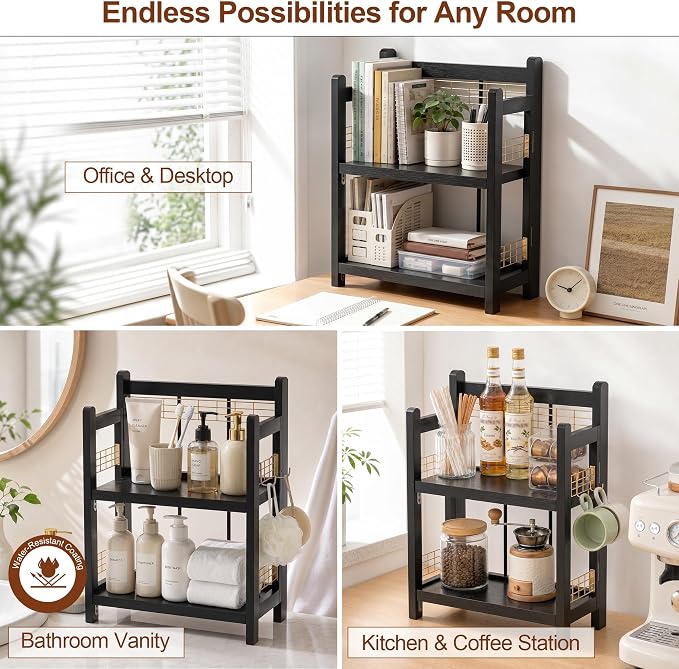 No-Assembly Coffee Bar Organizer, 2-Tier Coffee Station Shelf | Foldable Oak - Image 8