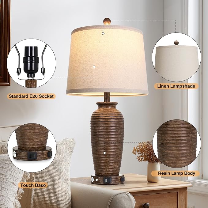 CINSARY 25" Retro Walnut Brown Farmhouse Jar Table Lamps Set of 2, 3 Way Touch - Image 8
