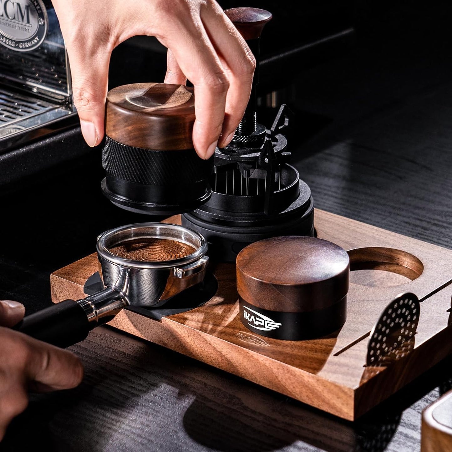 IKAPE 58MM Espresso Tamper, New Wooden Handle Design,Premium Barista Coffee Calibrated Tamper with Spring Loaded, 100% Stainless Steel Tamper Compatible with All 58MM Bottomless Portafilter