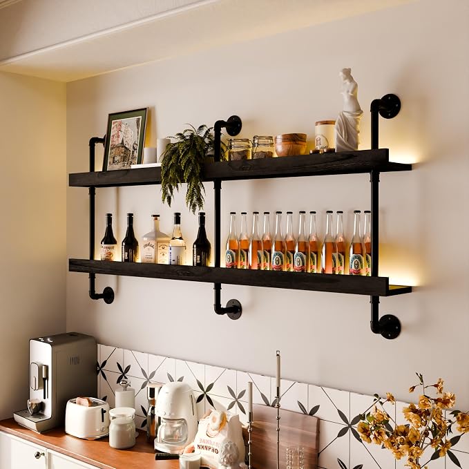 Wall Mounted Wine Rack with LED Light, LED Industrial Pipe Liquor Bar Shelves - Image 9