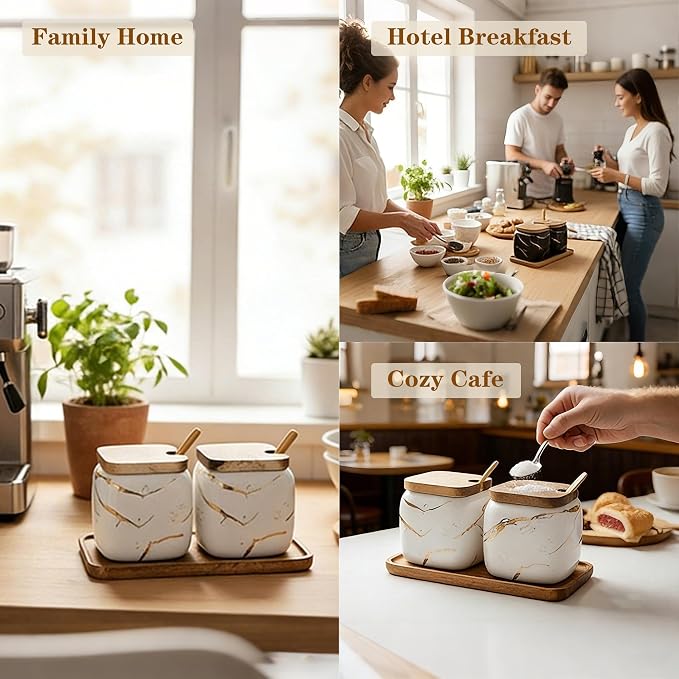 2 Sets of Marble Ceramic Sugar Bowl Ceramic Seasoning Jars - Image 9