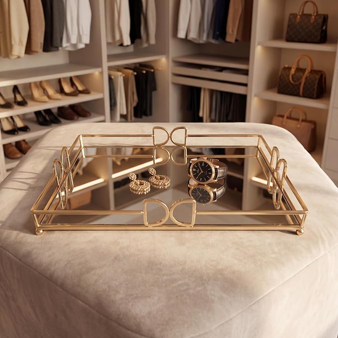 13X 10 Inch Glass and Gold Rectangle Tray ,Dinner Plate Perfume and Vanity Tray - Image 6