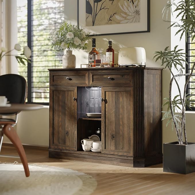 47" Wine Bar Cabinet with LED Light & Power Outlets, 2 Door Coffee Bar Cabinet - Image 9