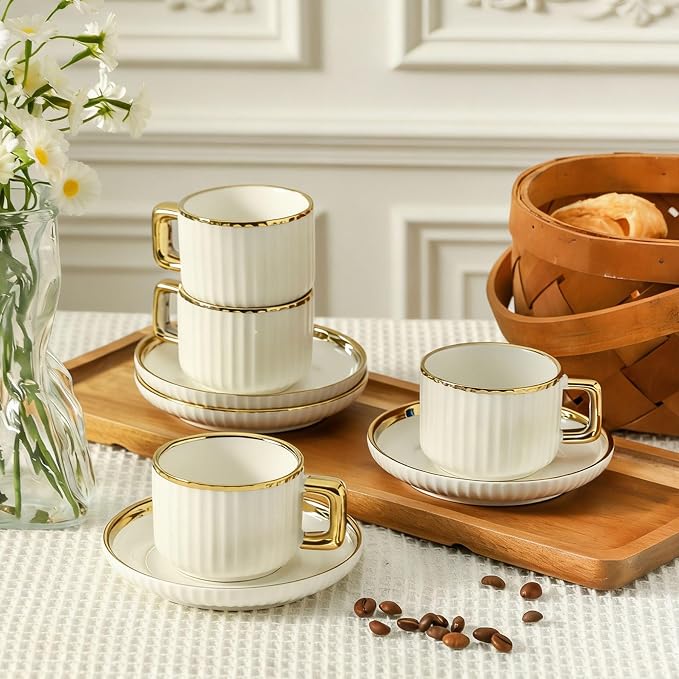 LETAOTAO Espresso Cups Set of 4, 3oz Espresso Cups and Saucers, Ceramic Coffee - Image 7