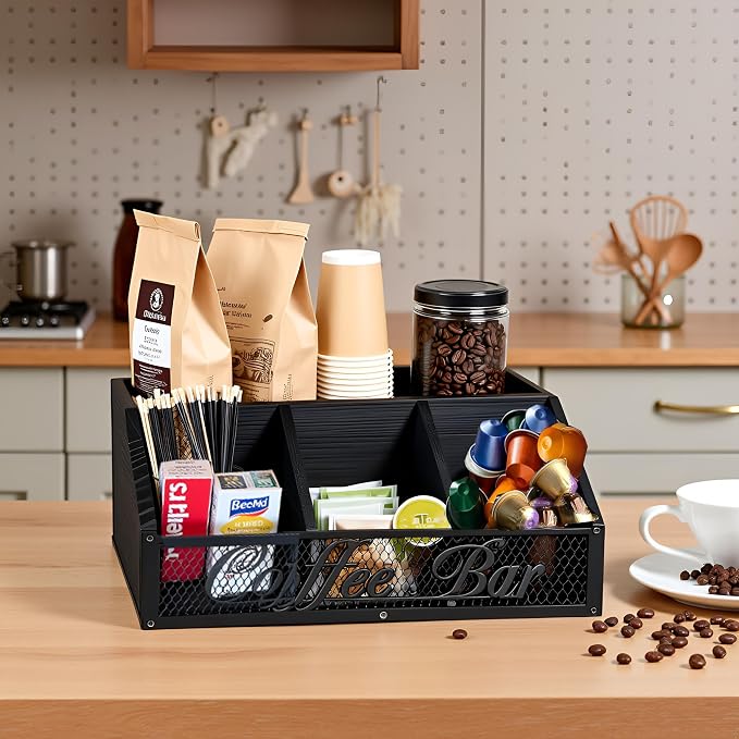 Coffee Station Organizer, Rustic Farmhouse Wood Condiment Storage Basket - Image 6