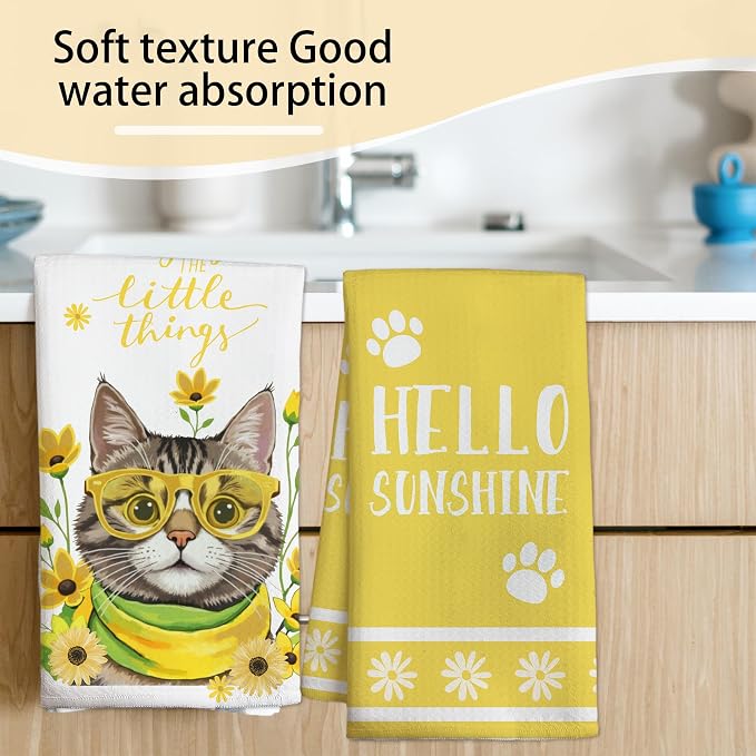 Yellow Flowers Cat Towels, Spring Summer Kitchen Towels, Cute Waffle Weave Dish - Image 7
