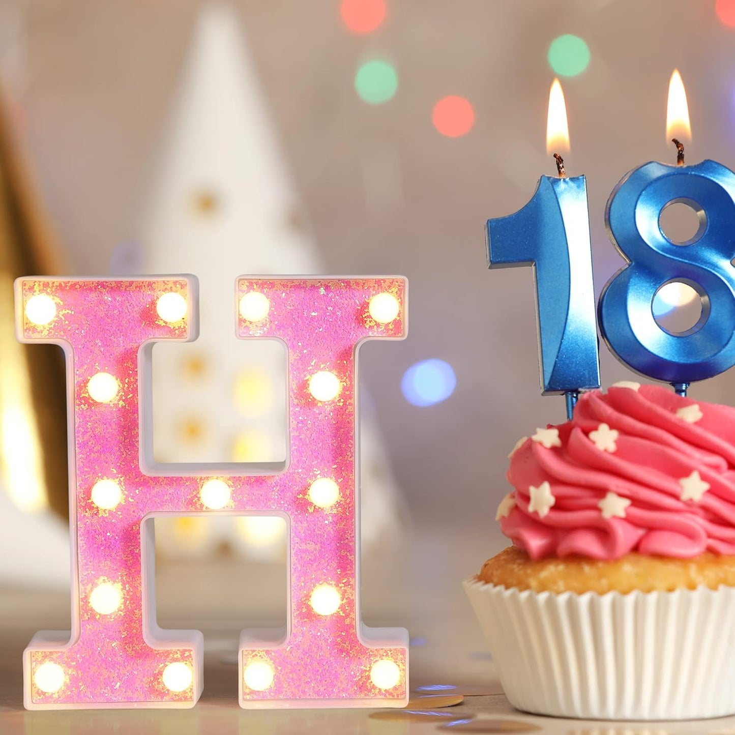 Foaky Pink Light up Letters,Pink Party Decorations,Girls Room Decor,Glitter Light Up Letters,Alphabet Letter Sign for Night Light Birthday Party Girls Gifts, Home Bar Decoration(H)