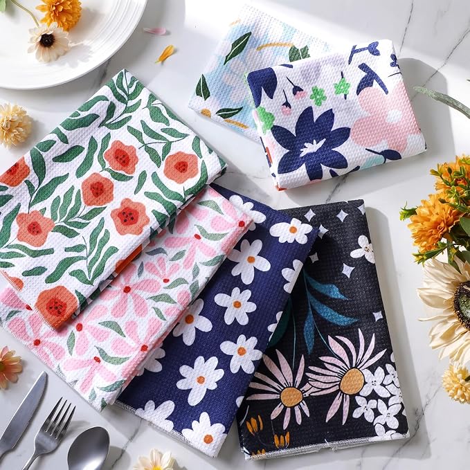 Boyiee Set of 6 Spring Waffle Kitchen Towels Floral Waffle Weave Tea Dish - Image 7