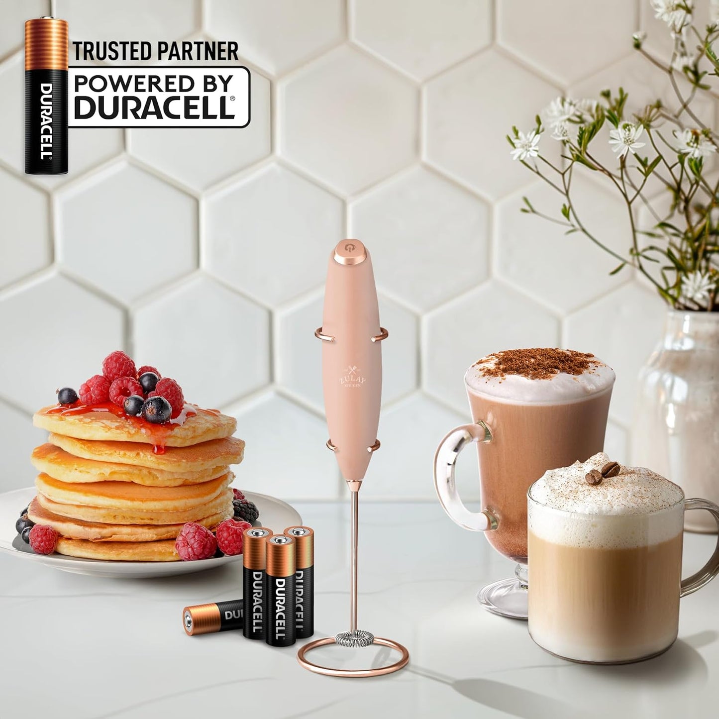 Zulay Kitchen Powerful Milk Frother Wand With 4 AA Duracell Batteries - Ultra Fast Handheld Drink Mixer - Electric Whisk Foam Maker for Coffee, Lattes, Cappuccino, Matcha & Creamer
