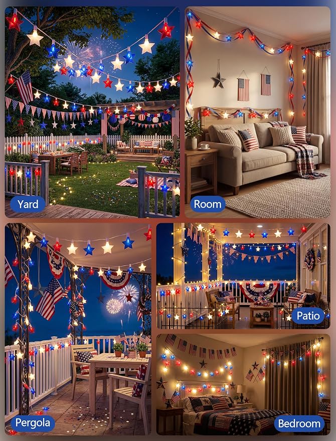 10.5FT Red White and Blue Star String Lights, 10 LED Star Patriotic Lights - Image 8