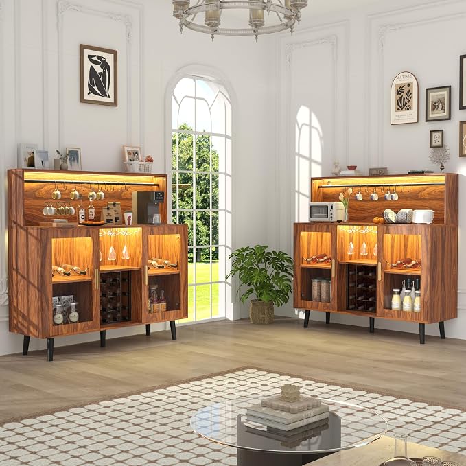 Wine Bar Cabinet with LED Light, Liquor Coffee Cabinet Bar w/Wine Rack & Glass - Image 9